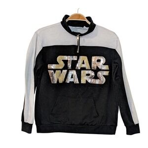 Star Wars Kids Pullover Sweatshirt‎ Black Gray 1/4 Zip Sequin Logo Large